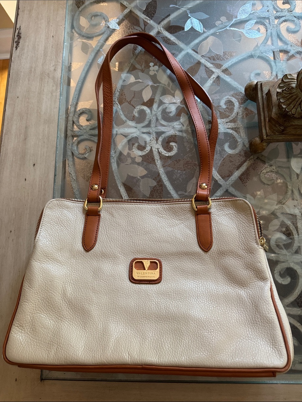 Valentina Cream Leather Shoulder Bag with Tan Trim